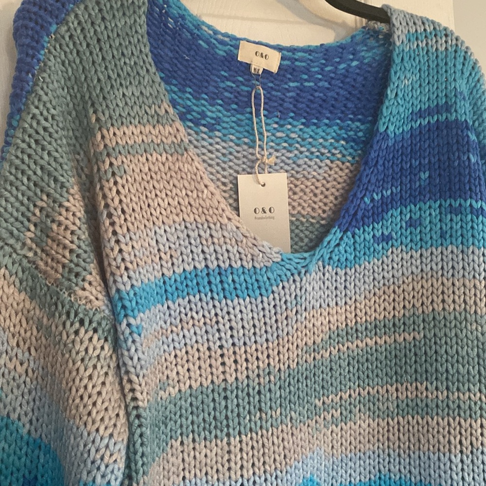 O&O Blue Multicolor Oversized Drop Shoulders Stripe Cable Knit Sweater Top NWT - Picture 5 of 13